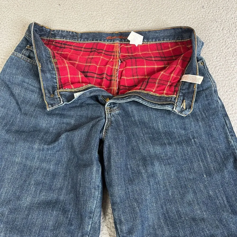 EDDIE BAUER Flannel Lined Jeans Mens 34x32 Blue Relaxed Red Plaid Outdoor Cowboy
